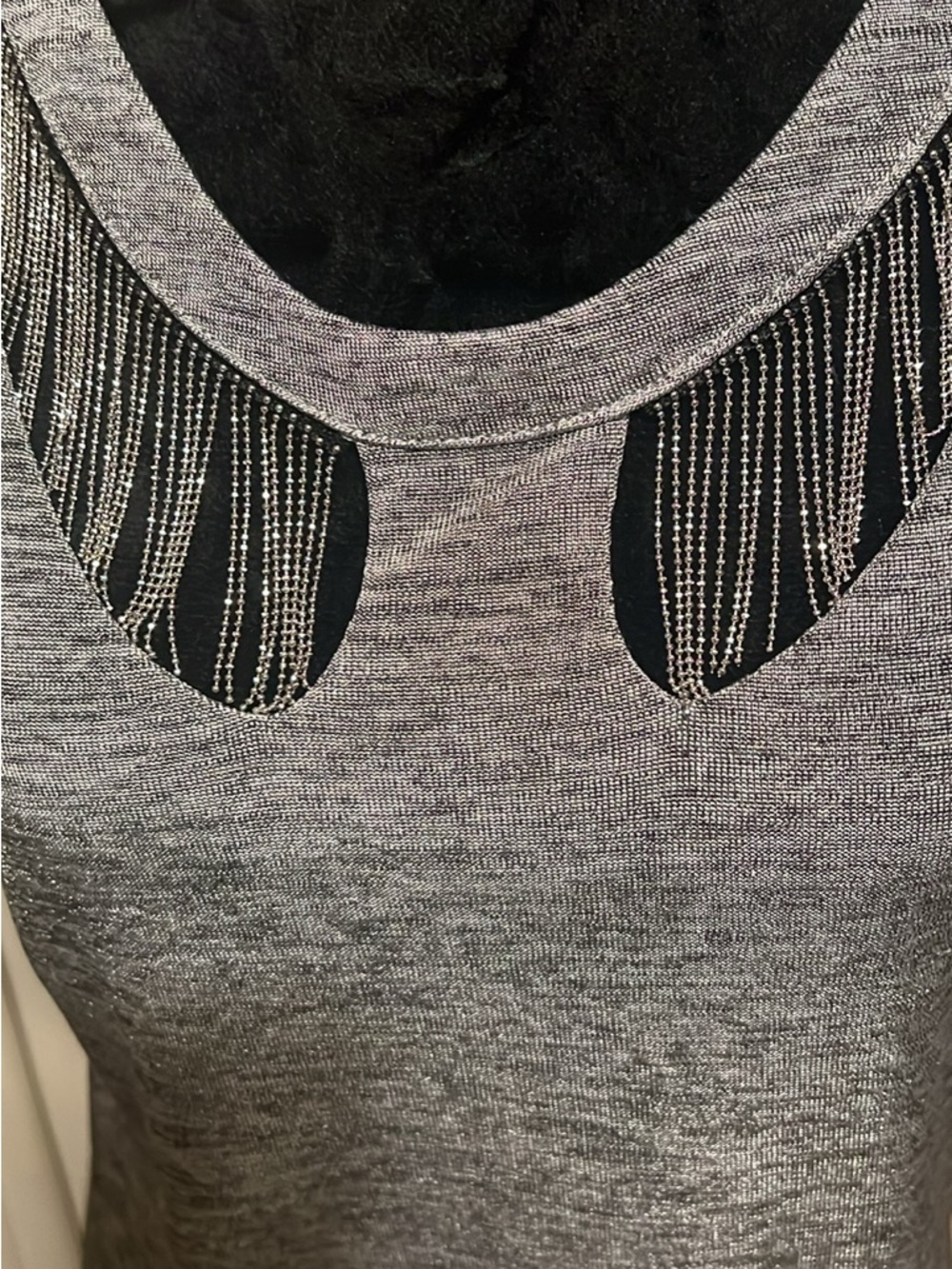 Joseph Ribkoff Silver-Gray Beaded Fringe short sleeved top
